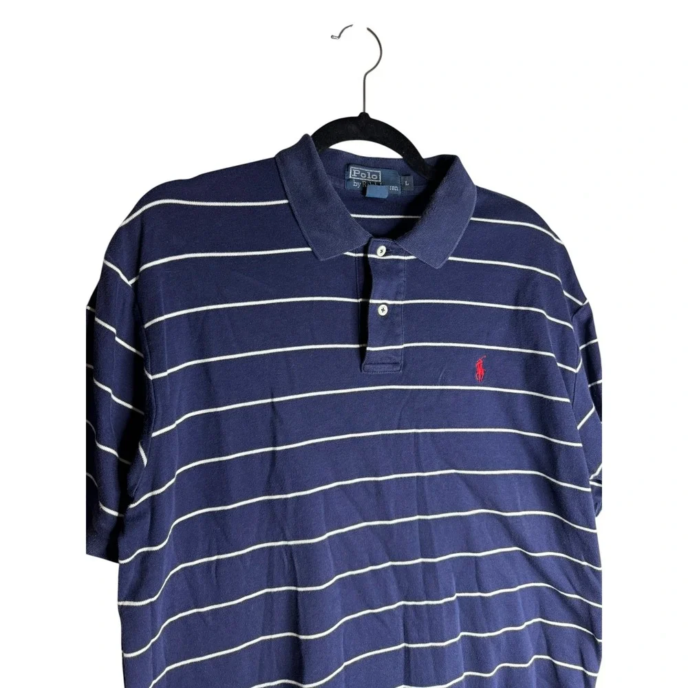 Polo Ralph Lauren Mens Large Navy Blue White Striped‎ Short Sleeve Polo Shirt